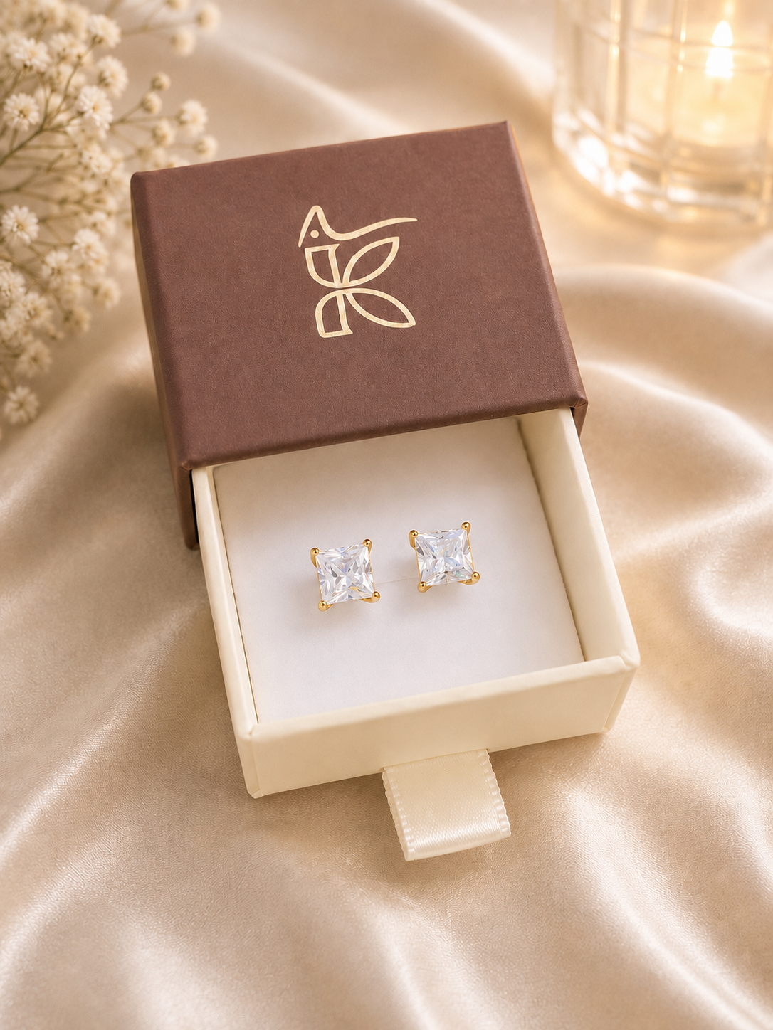 925 SILVER GOLD PLATE SQUARE CRYSTAL EARSTUDS GE864