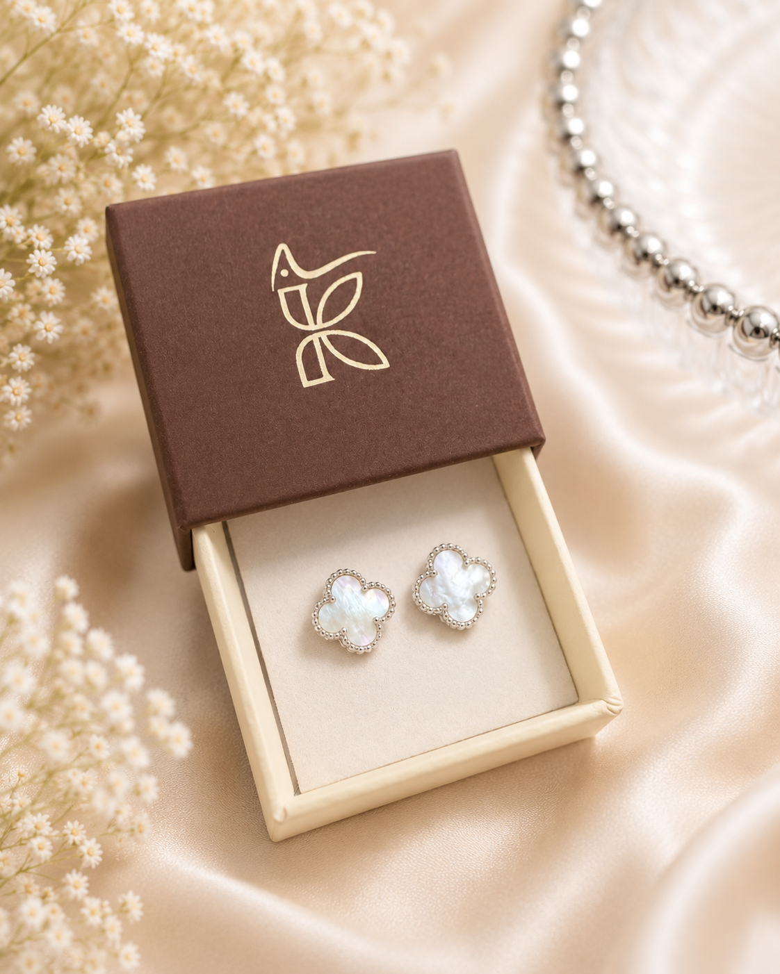 925 SILVER WHITE CLOVER VANCLEEF EARSTUDS GE886